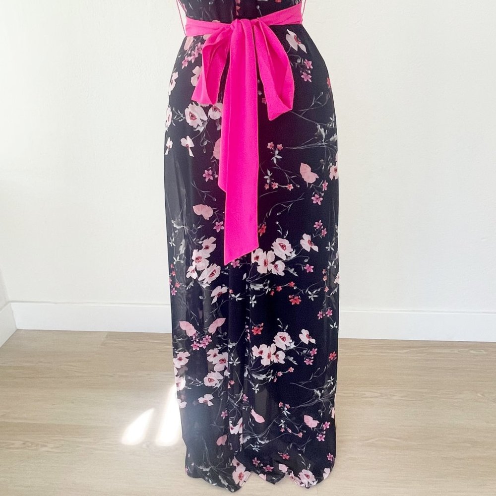 Eliza J Hi-Low Faux Wrap Belted Floral Navy Pink Maxi Dress | 2 - Picture 9 of 13